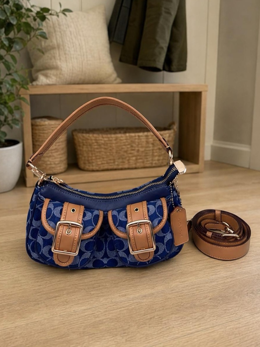Coach Navy Signature Canvas Shoulder Bag with Tan Leather Trim